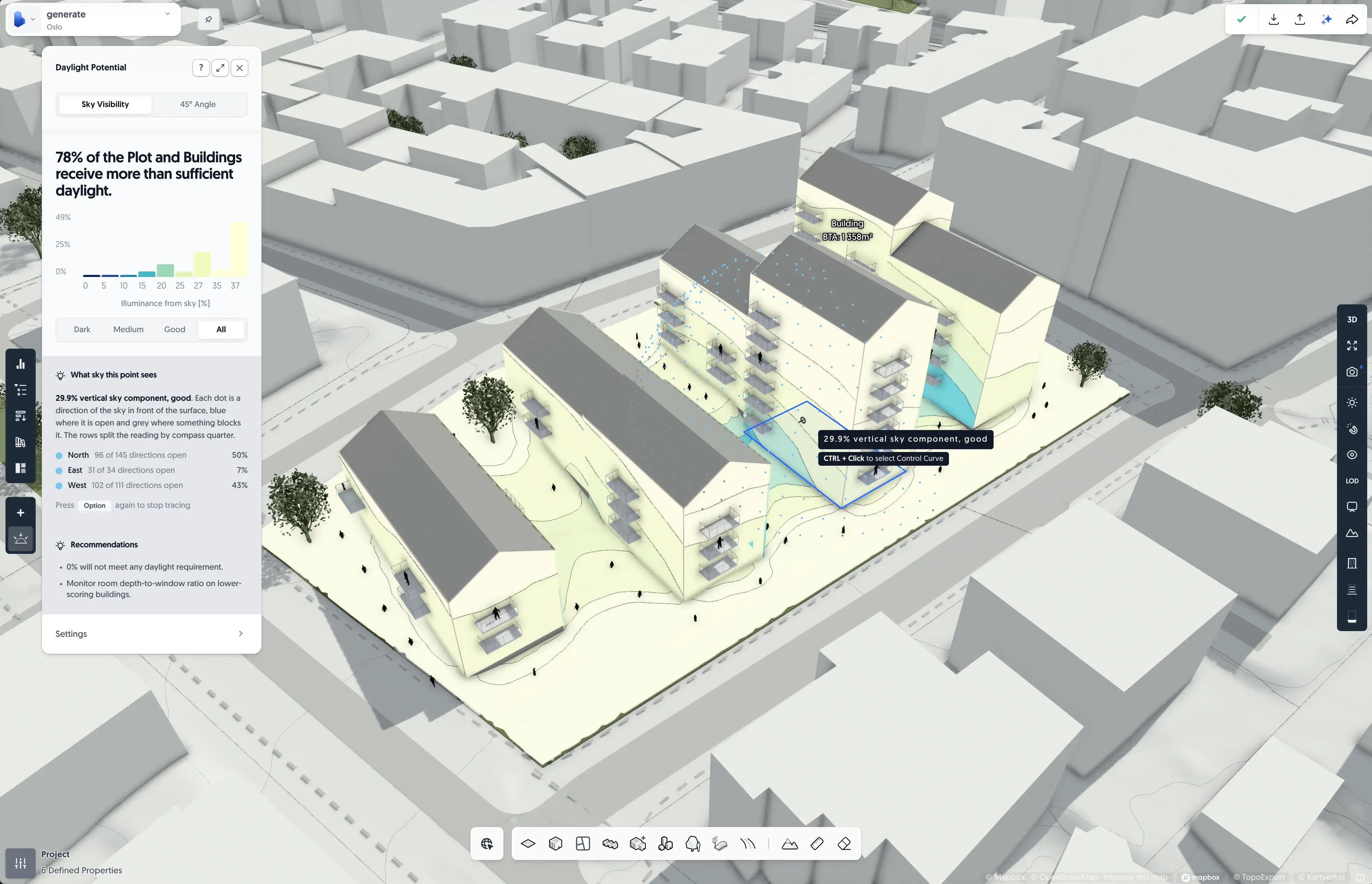 Spacio showing Vertical Sky Component on the facades of a massing model in a dense urban site.